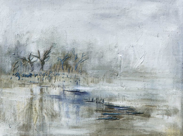 Przedwiośnie, olej, nić / płótno, 28 x 38 cm, praca dostępna, cena 3.000 zł