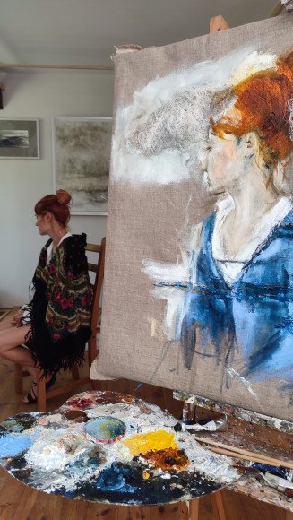 proces pracy z modelką, Szara Myszka, olej, nić / płótno, 70 x 105 cm, cena: 14.000 zł